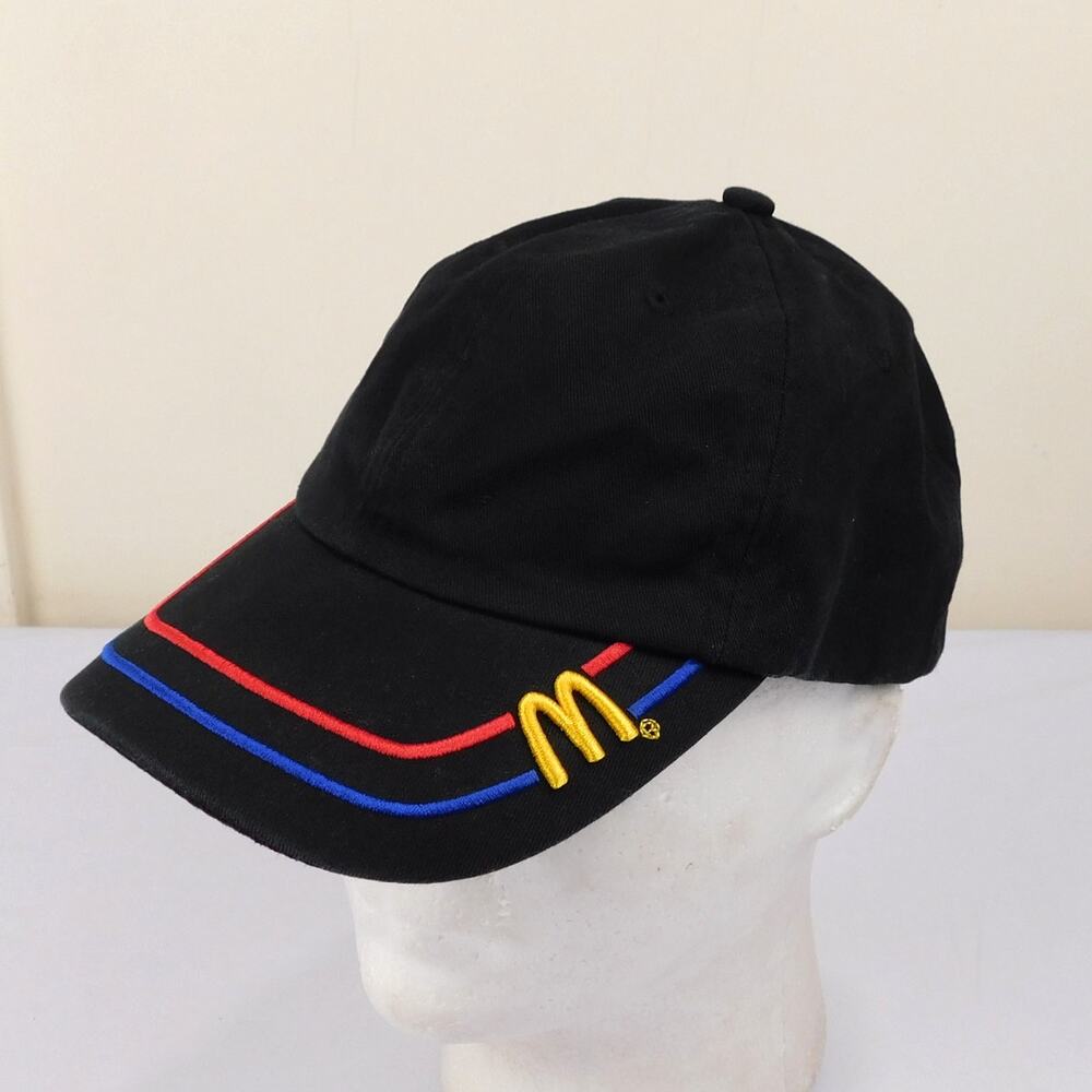 Vintage McDonald's Uniform Hat Cap Black Crown Blue Red Striped Brim Y2K